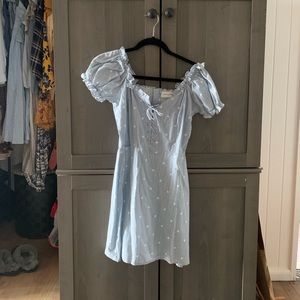 Blue and white polka dot puff sleeve dress